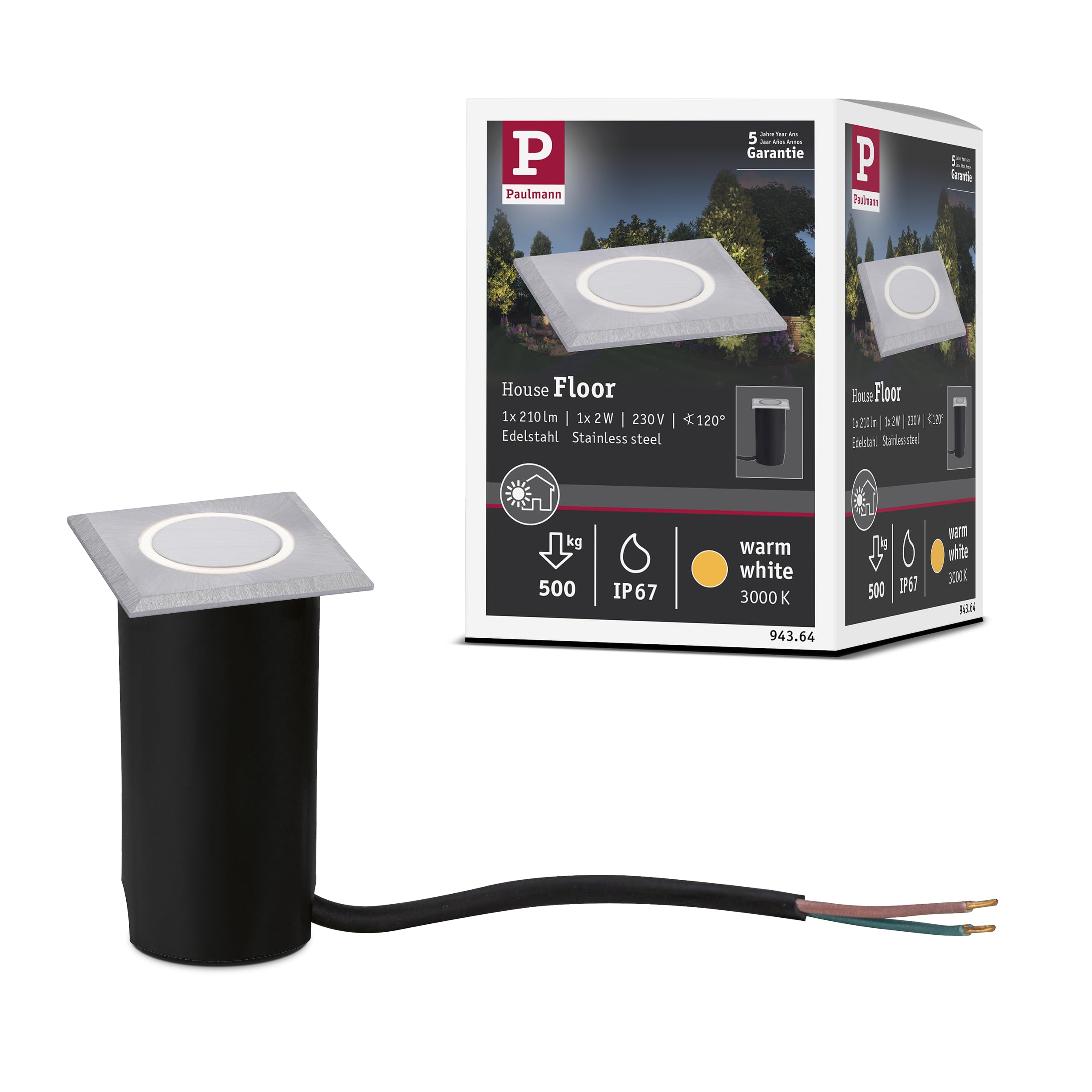 Paulmann 94364 LED outdoor luminaire recessed floor luminaire IP67 rect. incl. 1x2W brushed stainless steel outdoor lamp stainless steel, plast. 3000K