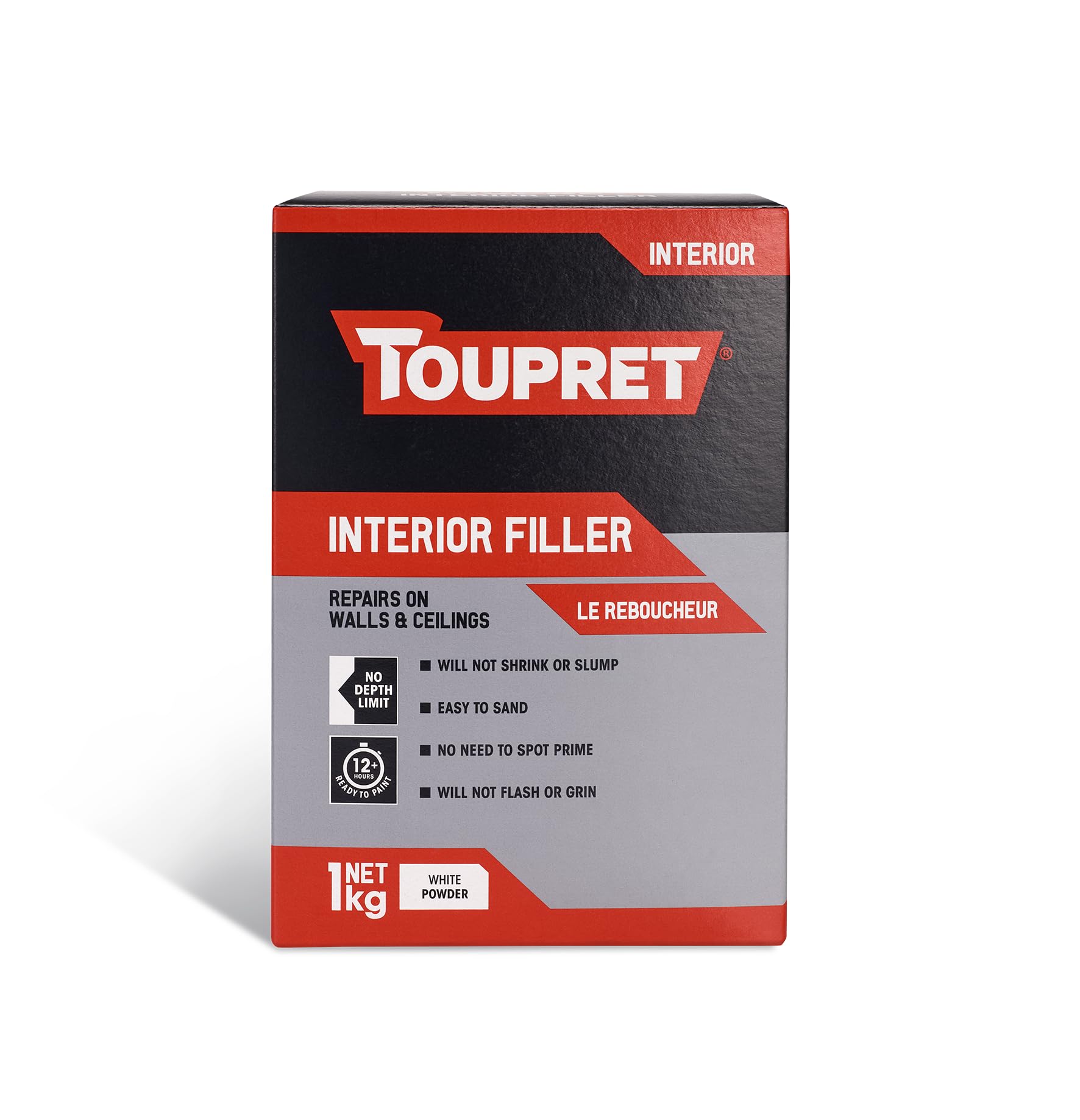 Toupret Interior Filler - Easy to Sand, No Shrink Crack Filler - Smooth Finish Wall Repair for Interior Surfaces - Professional Powder Filler - White - 1 kg