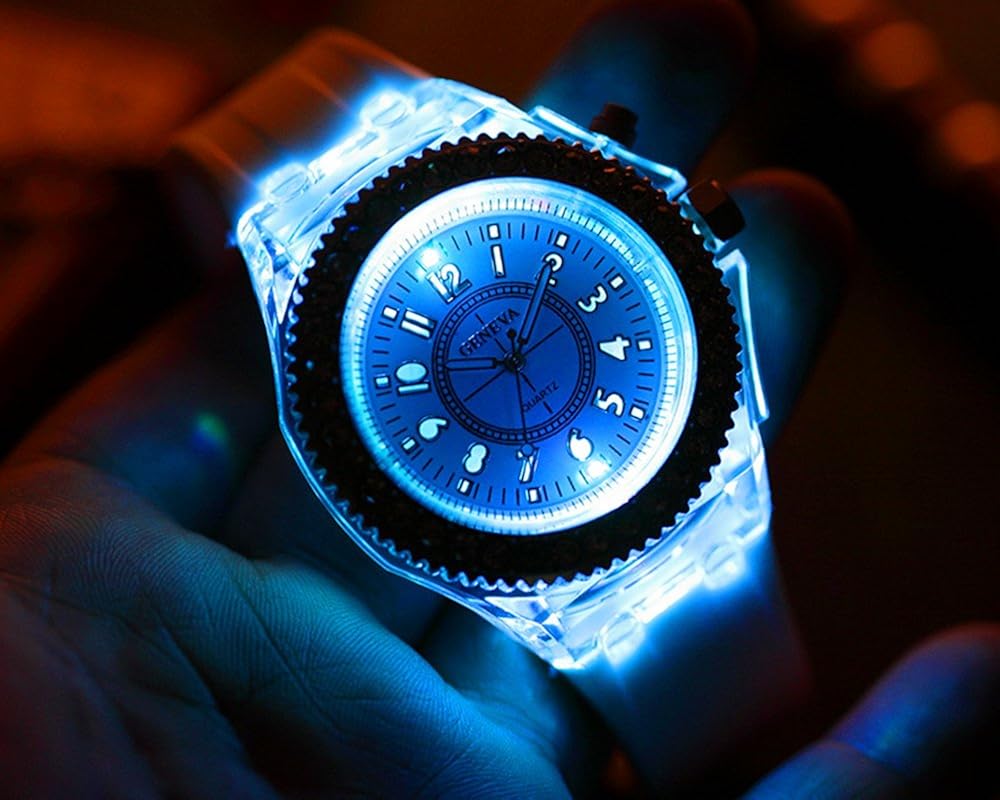 Fanmis Children Students Sport Rhinestone LED Flashing Light up Color Changing Silicone Jelly Watch White: Watches