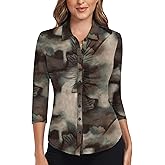 Soneven Women's 3/4 Sleeve Golf Polo Shirts V Neck Ruffle Sleeve Dressy Tops Casual Work Tunic Blouses