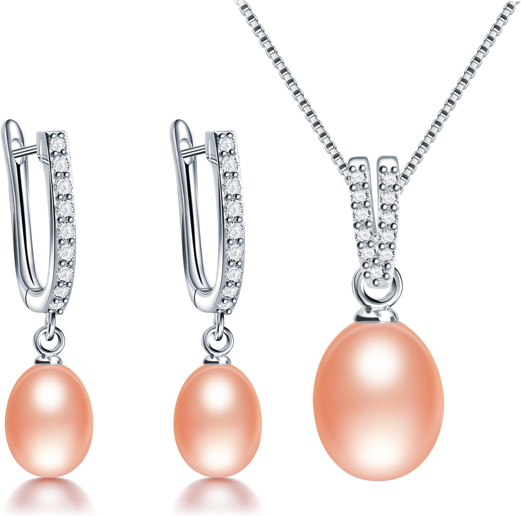 Freshwater Cultured Genuine Pearls Jewelry Set with Necklace & Earrings by DIAMOVI - 925 Sterling Silver - AAA Grade Zircon - Water Drop Design - Stunning Wedding Bridal Jewelry - (Pink)