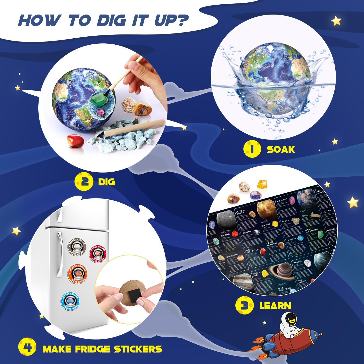 EDUMAN Gemstone Dig Kit - Dig It Up 40 Real Gems & Crystals with Mining Kit Tools, Solar System Eight Planets Toys for Kids Age 6+, STEM Science Educational Toys, Space Toys Ideal Gift for Boys Girls