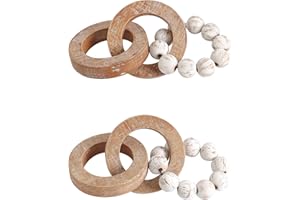 Oakrain Rustic Chain Link for Home Decor, Handmade Carved 3 Link Wood Knot & Wood Beads, Natural Boho Farmhouse Table Decor, Best Housewarming Gifts (2 Pcs, 8.7inch)