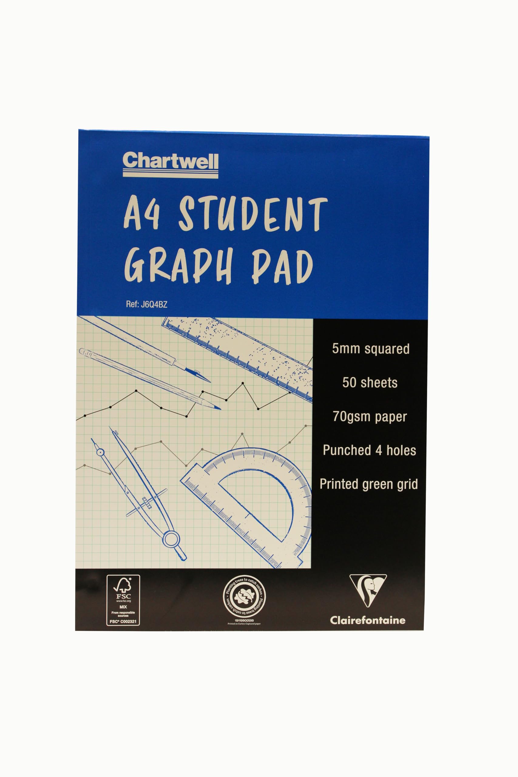 Clairefontaine - Ref J6Q4BZ - Chartwell Graph Pad (Contains 50 Sheets) - A4 (210 x 297mm) Sized, 5mm Squared Rulings, 70gsm Punched Paper, FSC-Certified