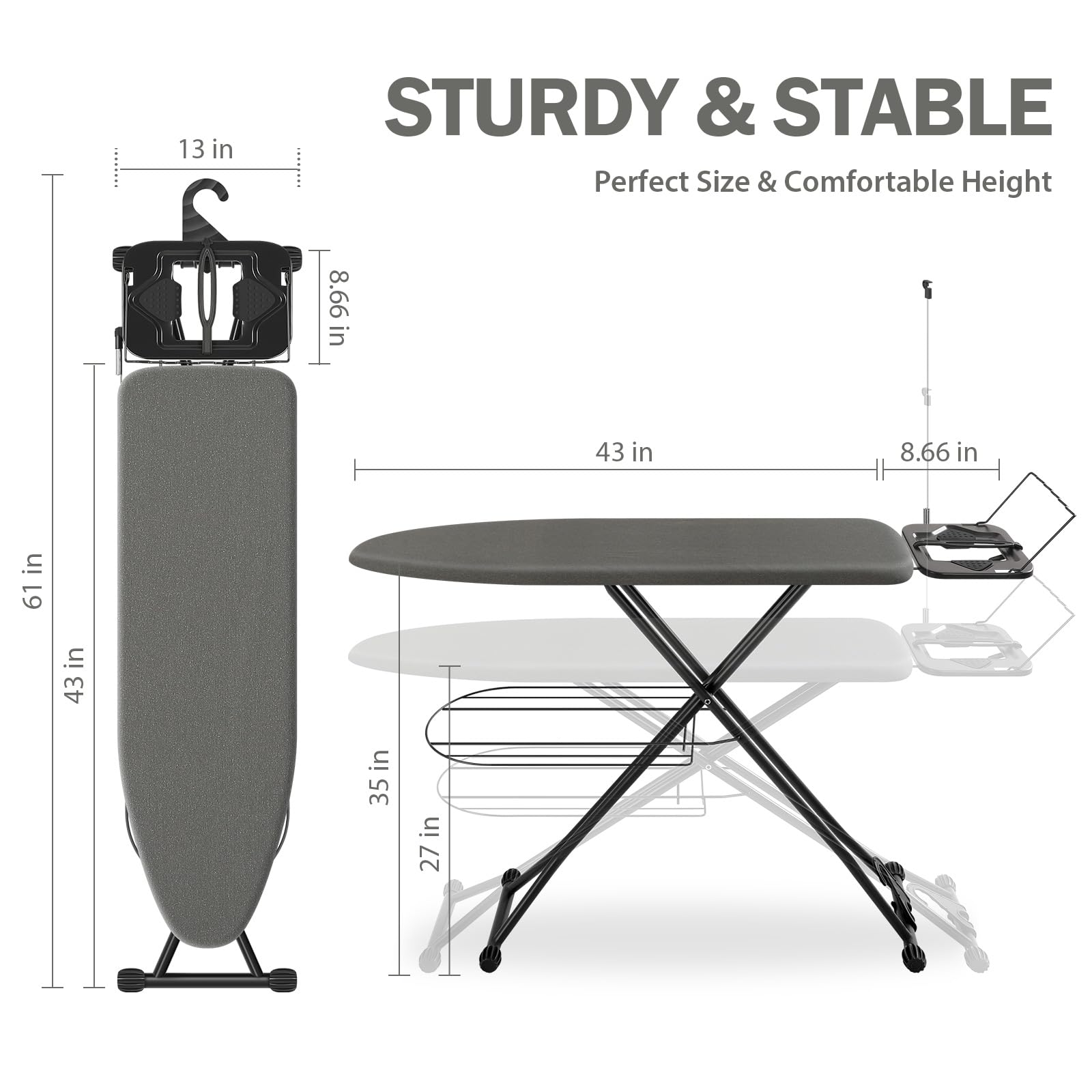 APEXCHASER Ironing Board, Compact Iron Board with Iron Rest and Hanger and Silicone Irons Harness, 7 Adjustable Heights & Extra Thick Cover, Folding Heavy Duty Ironing Board, Black
