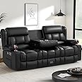 Dresegmt Loveseat Recliner Sofa, Flip Middle Backrest Design PU Leather 3 Seat Reclining Sofa with Storage Drawer, Manual Couch for Living Room/RV (Black, PU)