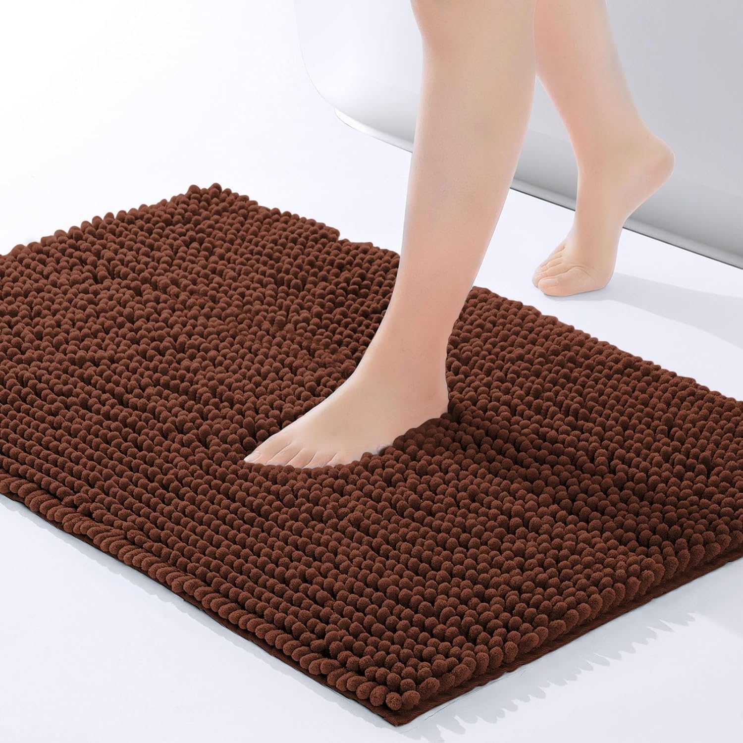 Moonlight Bedding Bath Mat Non Slip Anti Mould - Chenille Shower Mat Brown 40 x 60 cm Super Absorbent Bathroom Mat Machine Washable Extra Soft Fluffy Bathmat