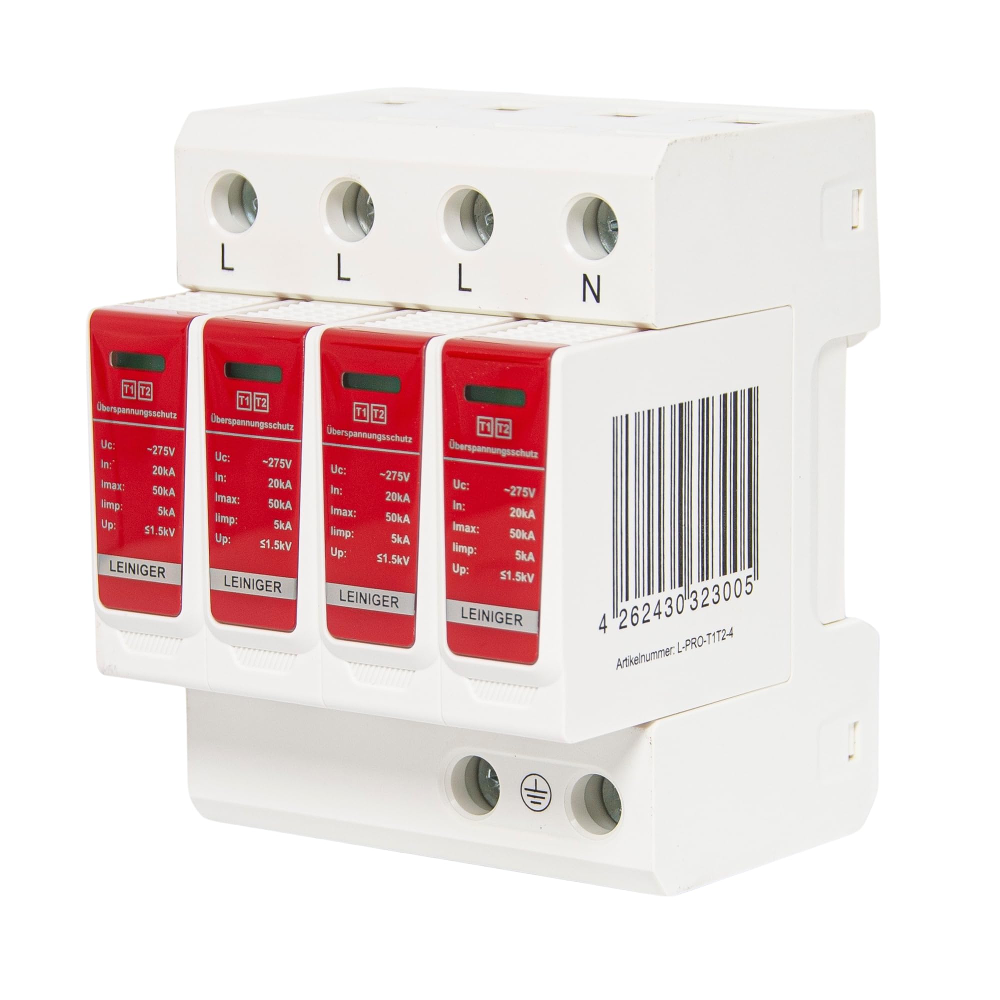 Leiniger Pro Surge Protector, Surge Arrester from Leiniger, I+II, Type 1+2 (B+C), 4-pin, Maximum leakage current 50 kA, N and PE connection