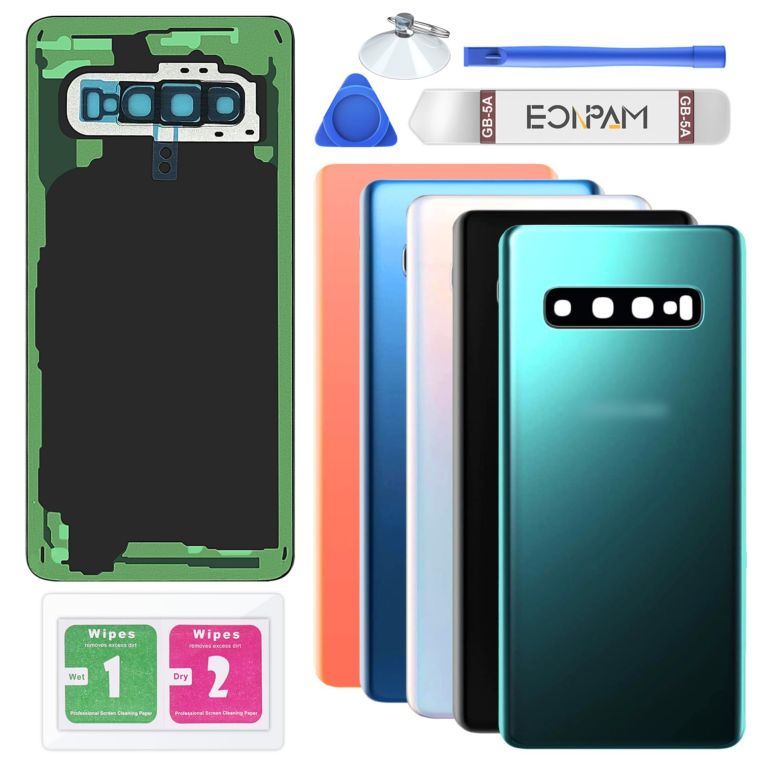 Eonpam Back Cover Glass for Samsung Galaxy S10 G973 Rear Glass Replacement with Camera Lens + Repair Kit Genuine Rear Housing (Prism Green)
