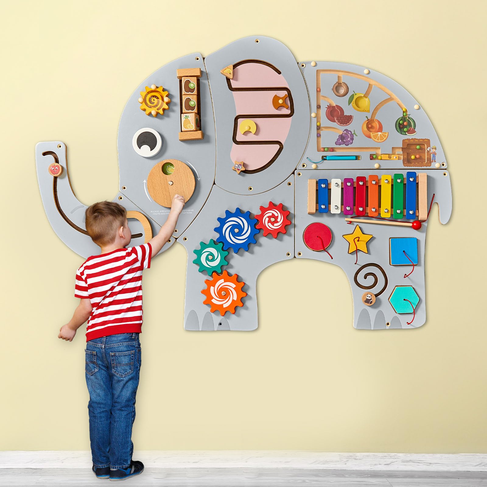 Photo 1 of Justforjoyful Large Elephant Wooden Activity Wall Panel for Toddler Educational Montessori Toy for Kids Interactive Sensory Toys Sensory Activity Busy Board Daycare Learning Center Toddler Room Decor
