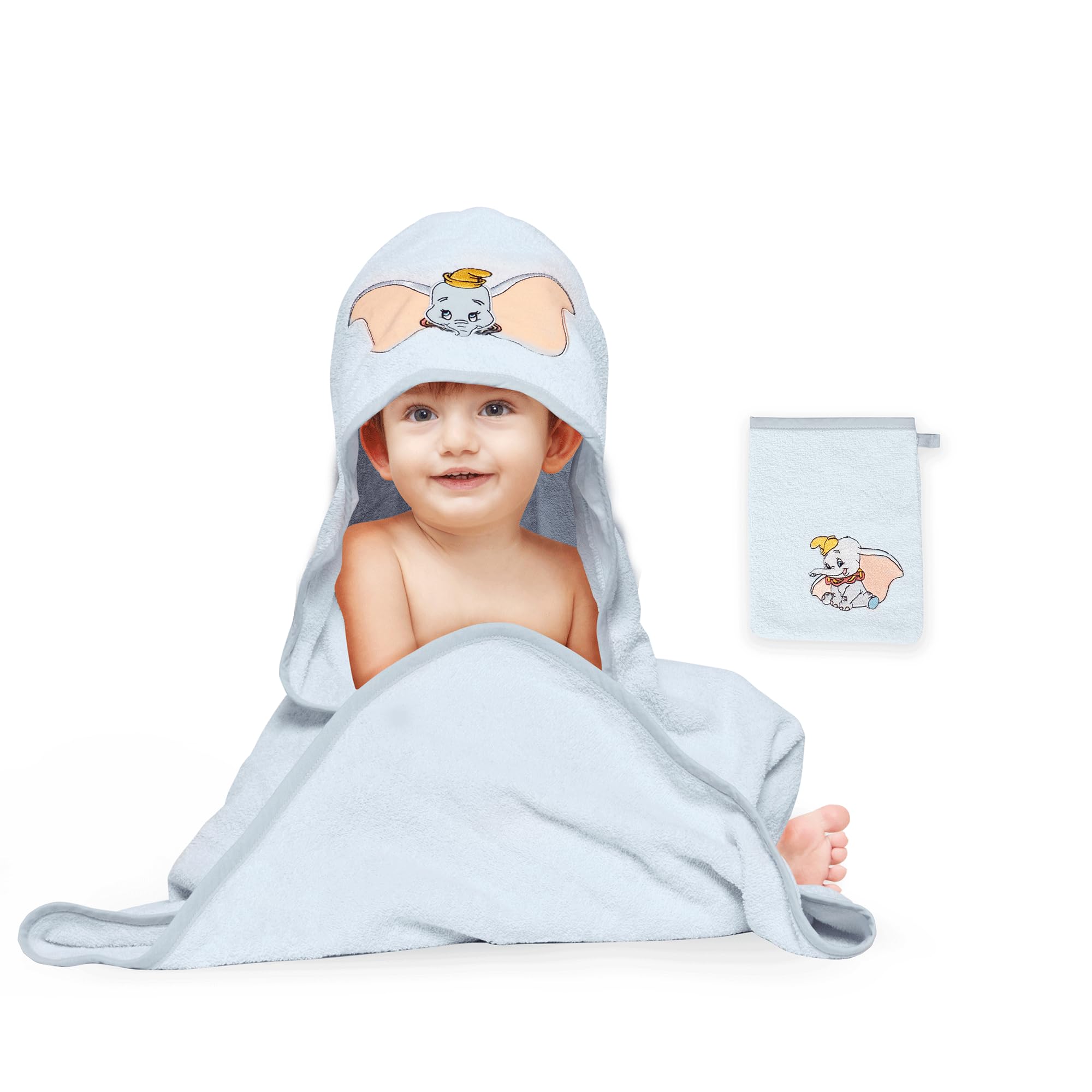 Disney Home Dumbo Baby Hooded Towel Set for up to 5 Years, Soft and Absorbent, Oeko-Tex Certified, 2-Piece, Hooded Towel 80 x 80 cm, Face Cloth 15 x 20 cm