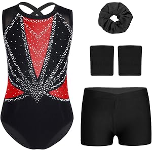 Jugaoge Kids Sleeveless Gymnastics Leotard with Shorts Sets for Figure Skating Stage Performance Teen Outfit