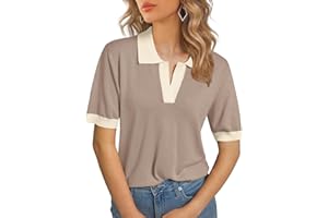 Women's Wool Blend V Neck Polo Sweater Lightweight Short Sleeve Knit Top for Casual and Office Wear
