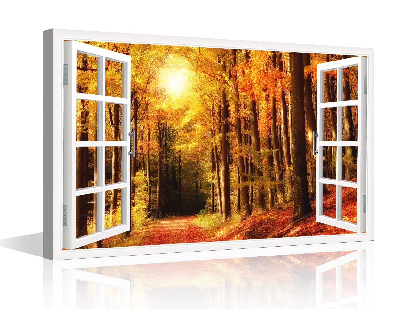 3D Window View Forest Landscape Canvas Art Wall Decor Autumn Natural Scenery Modern Home Decor Canvas Wall Decor for Living Room Bedroom Office Posters Prints Framed Ready to Hang - 24"W x 16"H