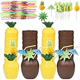 Haundry 18 Coconut Pineapple Cups with 18 Straws, 18 Cocktail Drink Picks, Hawaiian Luau Tiki and Beach Theme Party Decorations for Kids and Adults