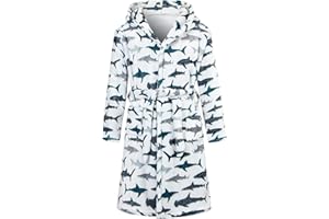 Funnycokid Boys Robe Kids Hooded Fleece Bathrobe Flannel Pajamas Soft Sleepwear 7-14 Years