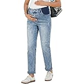 BLENCOT Women Maternity Jeans Elastic Waist Skinny Cuffed Ripped Pregnancy Cropped Pants