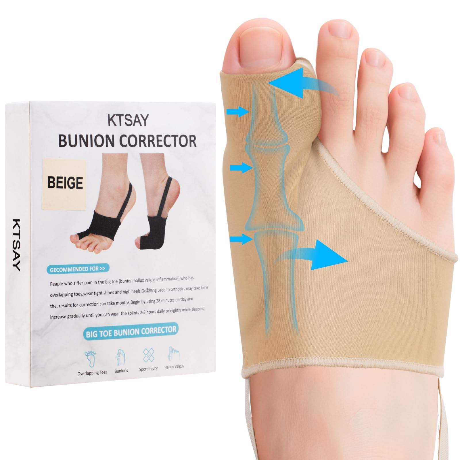 Photo 1 of KTSAY 2PCS Bunion Corrector for Women & Men, Big Toe Straightener with Splint & Pads, Comfortable & Breathable for Day/Night Support, Hallux Valgus Pain Relief Non-Slip Socks (1, Beige)