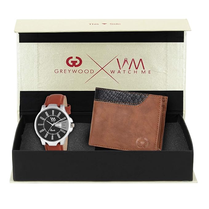 Watch Me X Greywood Mens Tan Leather Wallet & Day Date Analog Watch Combo Gift Set WMGW-008-DDWM-007p4