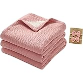 okdiy 4 Layers Muslin Baby Blankets for Girls,100% Cotton Muslin Toddler Blanket,Crib Blanket,Muslin Swaddle Blankets,Soft and Lightweight Baby Quilt for Boys and Girls 47 * 47" (Pink+Khaki)