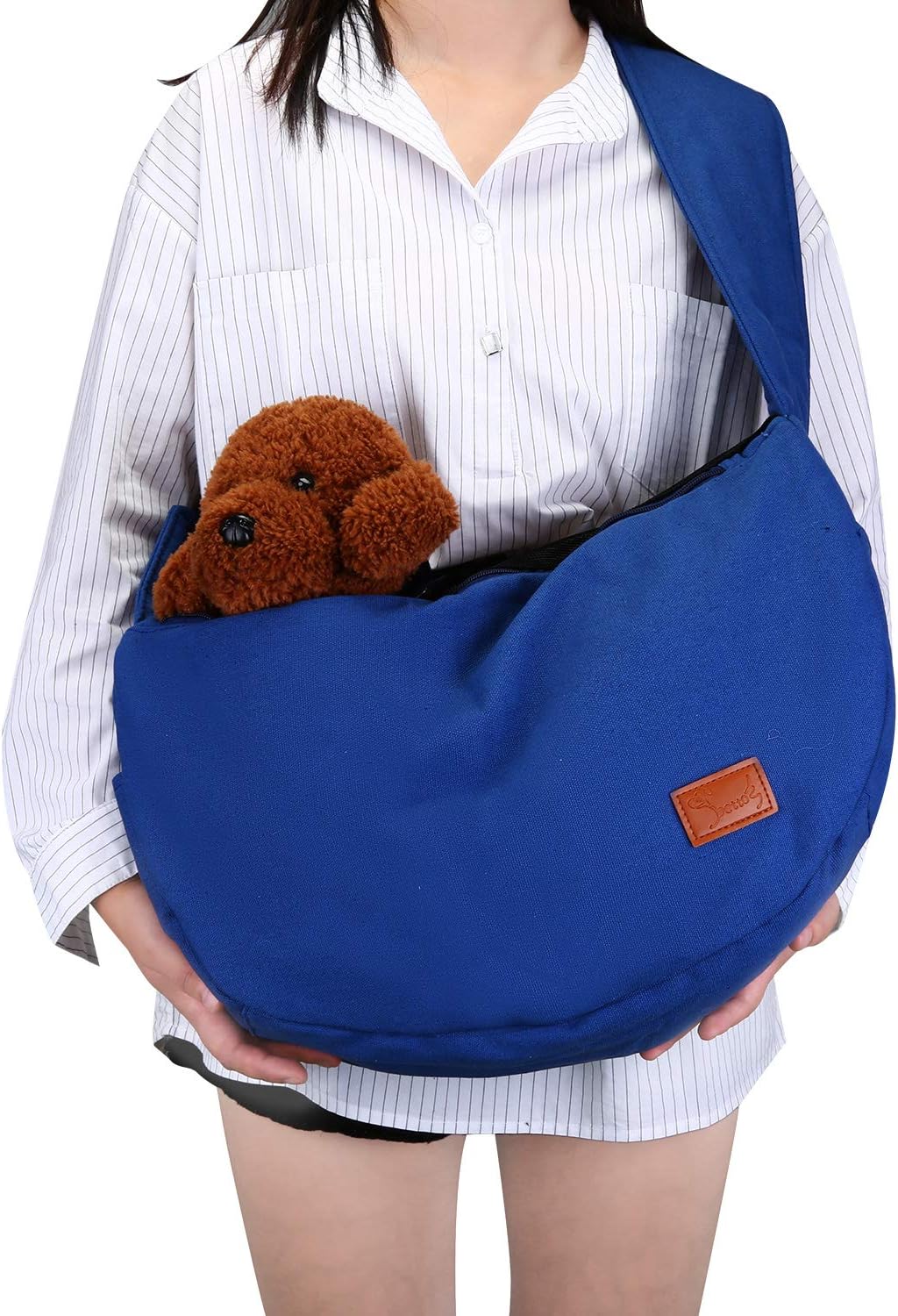 HAPPY HACHI Dog Sling Carrier, Hands Free Dog Papoose, Purse Pouch Front Bag for Small Dogs Pet Puppy, Cat Rucksack, Adjustable Wide Shoulder Strap, with Pockets, for Walking Travel Shopping, Blue