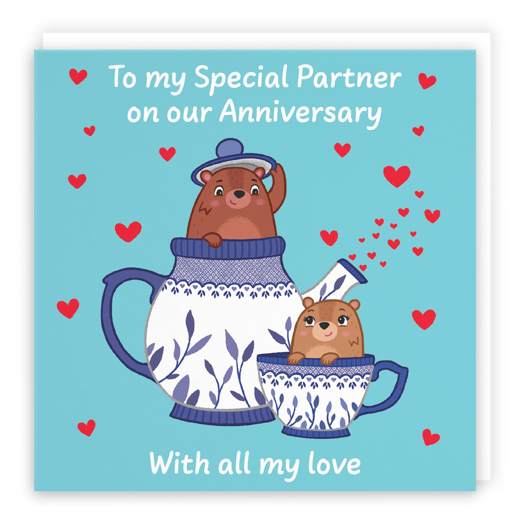 Hunts England - Cute Teapot Partner Anniversary Card - Fun Bears Anniversary Card - Love Story Collection