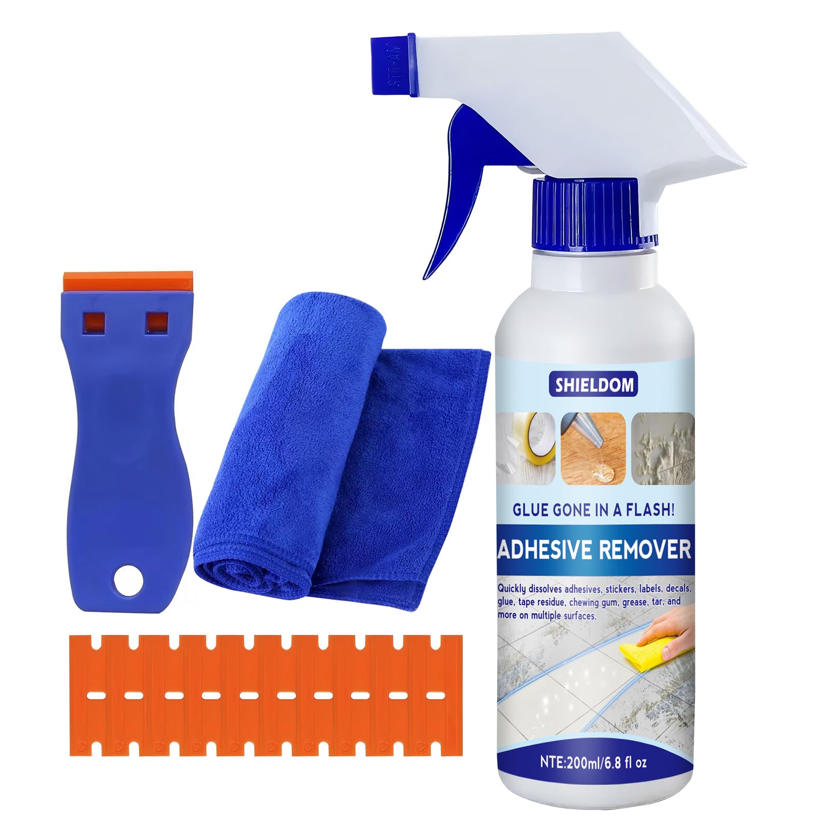 Photo 1 of SHIELDOM Adhesive Remover Sticker Removal Surface Safe Glue Remover Rapidly Dissolve & Soften Adhesives Easily Remove Decals, Label, Tape Residue, Gum, Grease with Plastic Scraper & Towel 6.8oz/200ml
