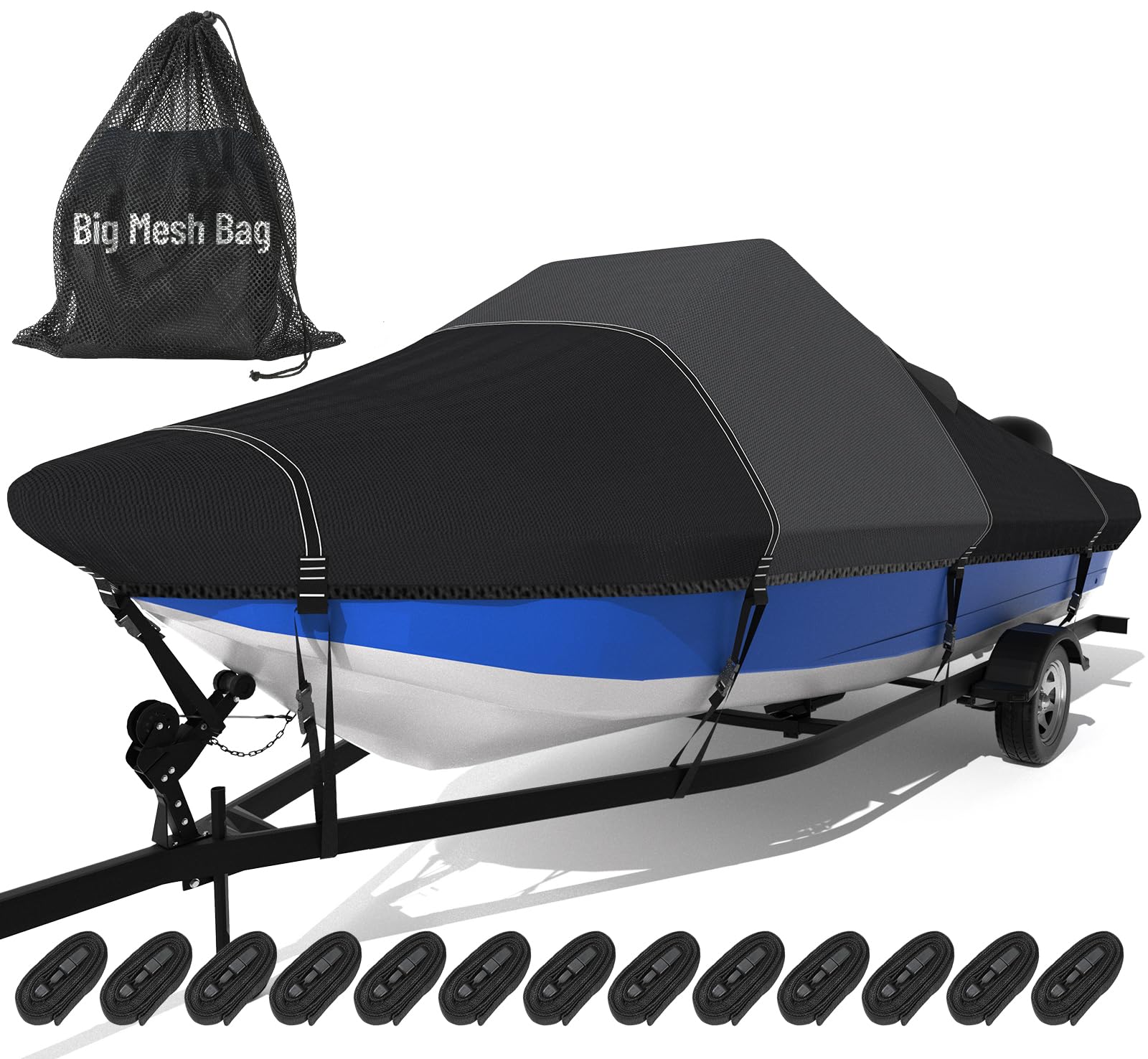 Photo 1 of 1600D+1200D Tearproof Center Console Boat Cover with 2" Wide Loops for Trailering&Mooring Durable Waterproof Fits Center Console Boat with Storage Bag (Black, 22' - 24' L, Beam Width UP to 108" W)