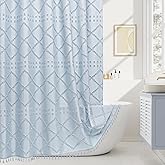 Craidlela Boho Fog Blue Woven Fabric Shower Curtain with Tassel 72 x 72, Bohemia Tufted Chevron Striped Chic Textured, Blue Waterproof Modern Farmhouse Minimalist Curtain for Bathroom, Hotel Decor