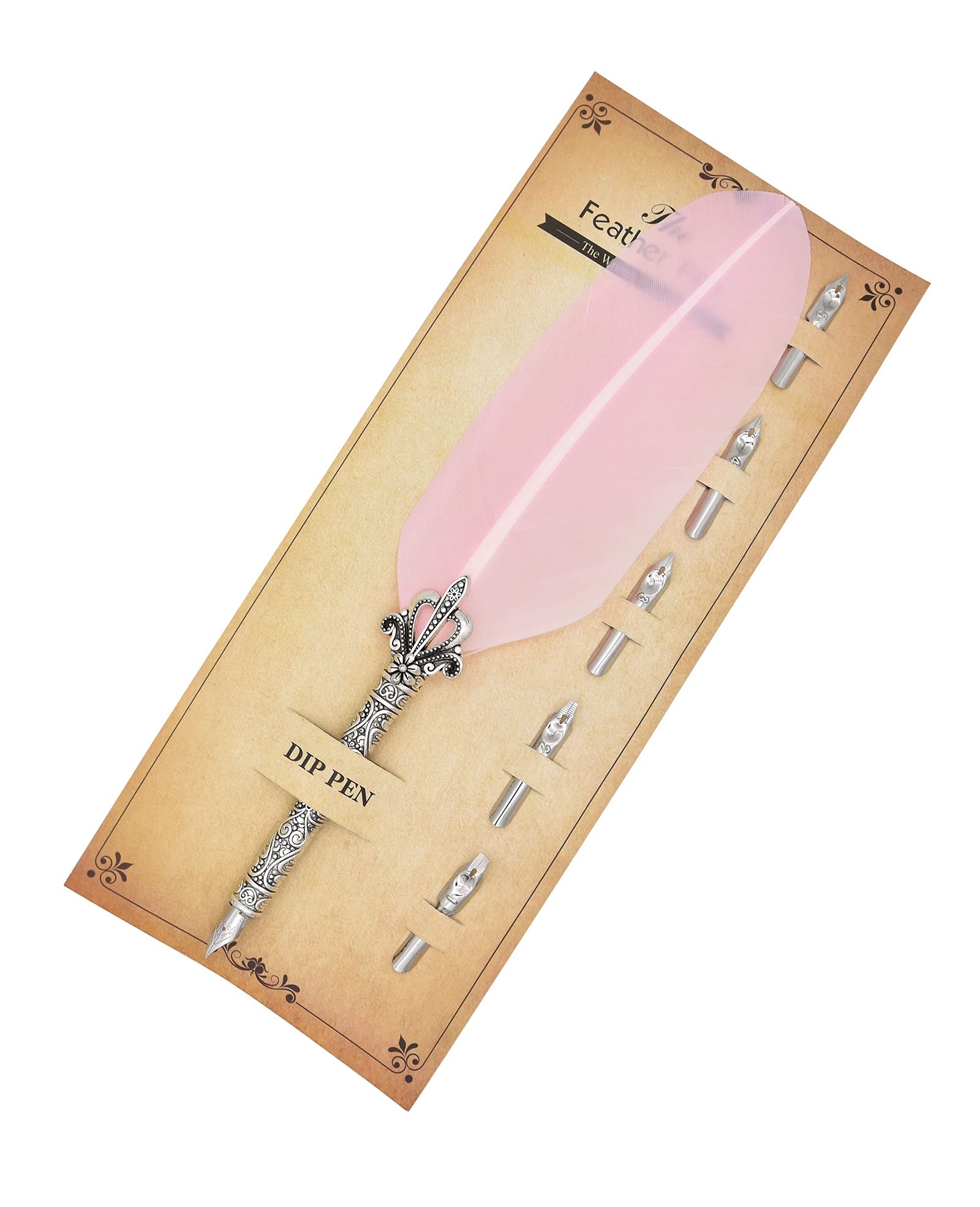 Gullor Calligraphy Feather Quill Pen and 5 Calligraphy Nibs for Beginners Kids Calligraphy Writing Quill Dip Pen Set, Pink