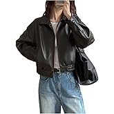 BEAUDRM Women's Y2K Faux Leather Jacket Zip Up Crop Bomber Jacket Going Out Motor Bike Motorcycle Coat Streetwear with Pocket