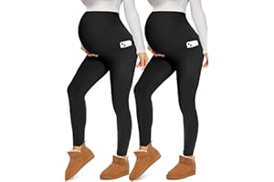 Fotociti Maternity Fleece Lined Leggings with Pockets Over The Belly,Womens Pregnancy Thermal Warm Workout Yoga Pants Winter