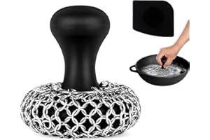 TMEDW Cast Iron Scrubber | Dish Scrub Brush | 316 Cast Iron Cleaner Chainmail Scrubber for Cast Iron Pan Skillet Cleaner - Dish Scouring Pad Dishwasher Safe Cleaning Kit (Black, 1 Scrubber + 1 Scraper)