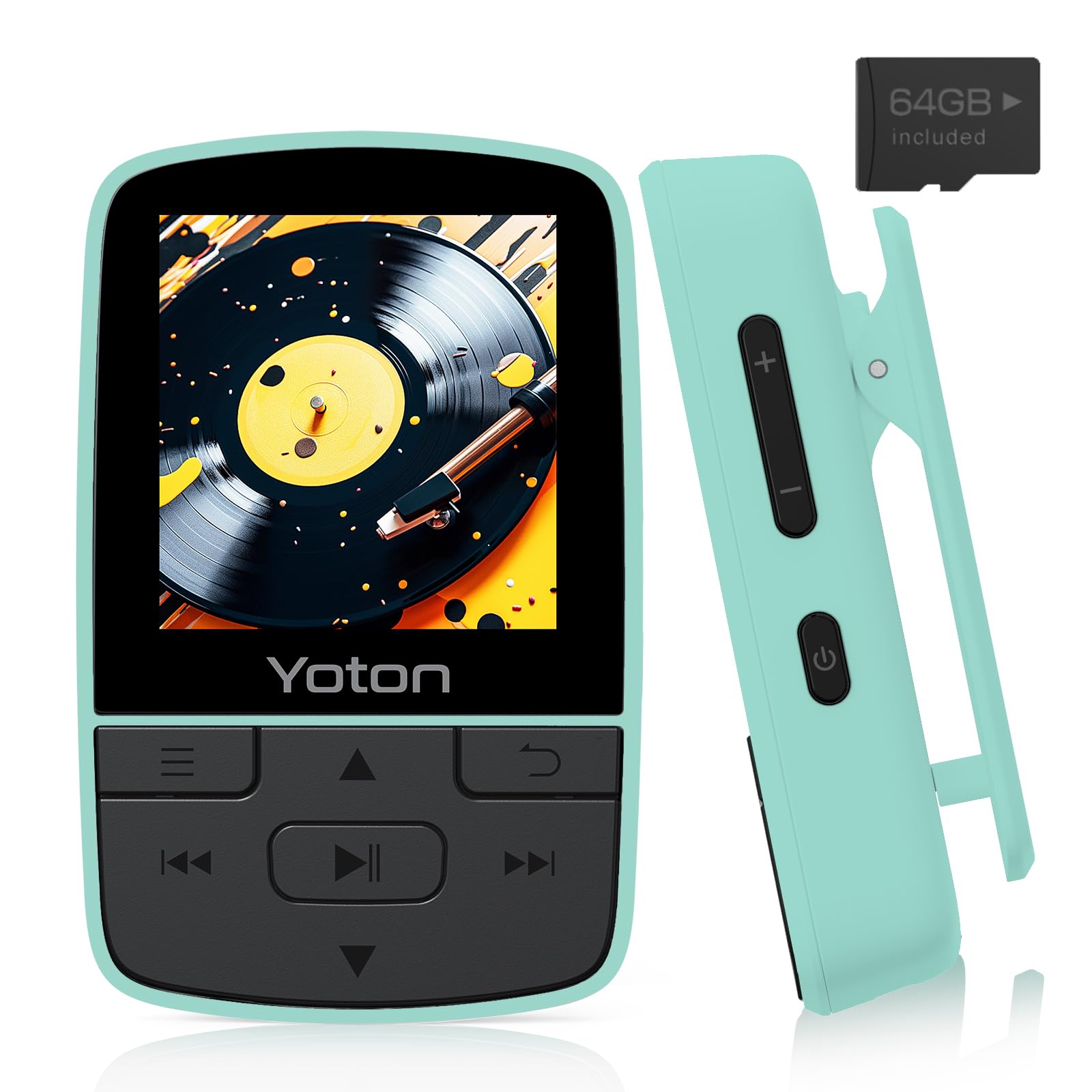 Photo 1 of YOTON MP3 Player with Bluetooth 5.2, 64GB Storage, Mini Size, HiFi Music, with Sports Clip, Independent Volume Control, FM Radio, Includes Headphones (Green)