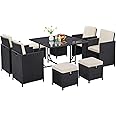 Yaheetech 9-Piece Patio Dining Sets, Outdoor Space Saving Rattan Chairs with Glass Table, Wicker Sectional Conversation Furniture Set with Removeable Cushions, Black/Beige