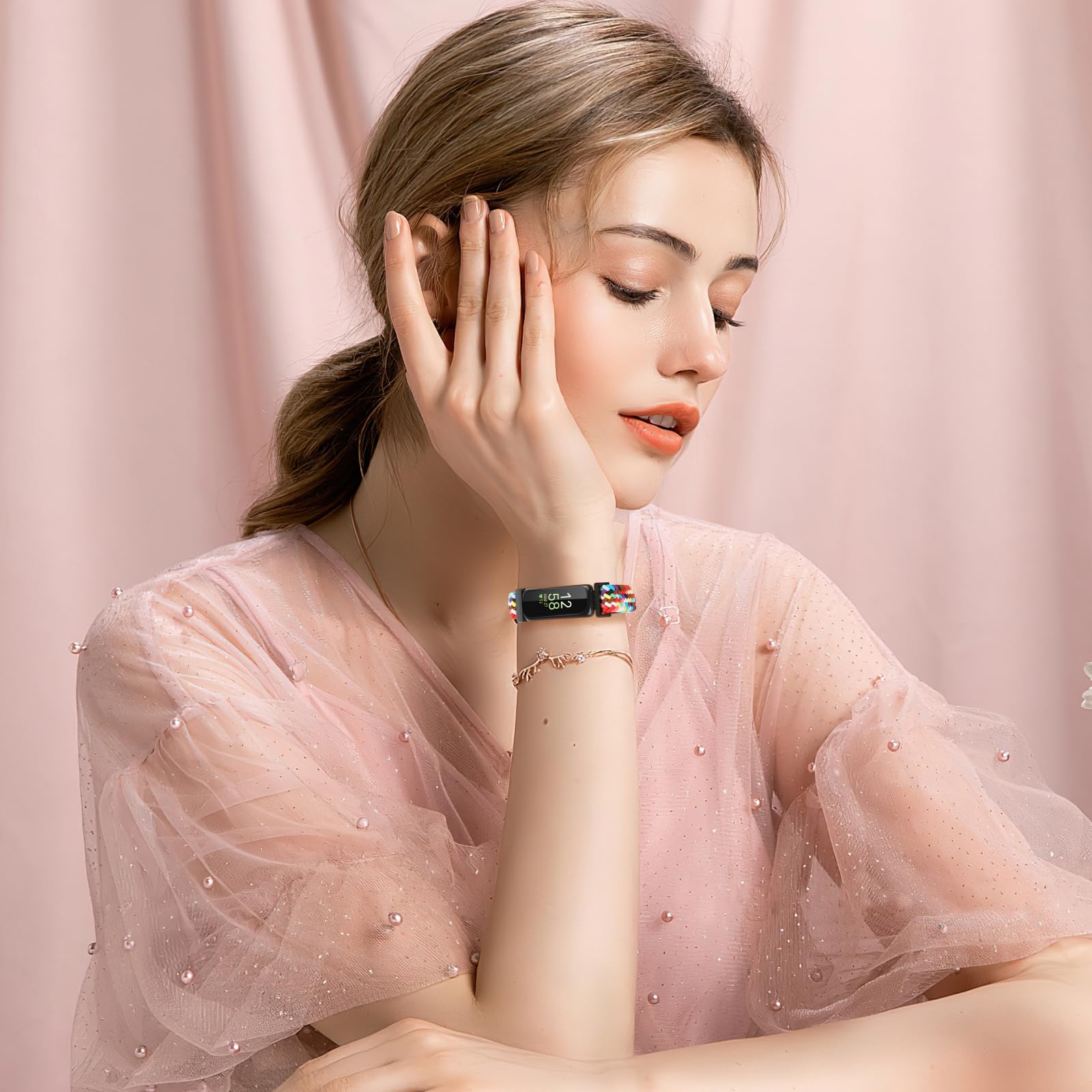 XANS Nylon Geflochtene Armband Kompatibel mit Fitbit Inspire 3/Inspire 2/Inspire/Inspire HR/Fitbit Ace 3/Ace 2, Elastisches Verstellbares Ersatzarmband Dehnbare Weiche Sport Armband für Damen Herren 6