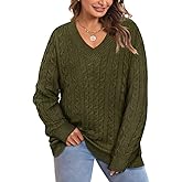 CARCOS Plus Size Sweaters for Curvy Women Long Sleeve Cable V Neck Sweater Knit Pullover Preppy Style Fall Winter XL-5XL