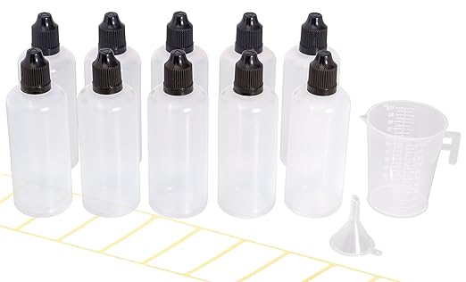 10x Tropfflasche 100ml mit gratis Trichter, Messbecher und Etiketten. Plastikflasche für E-Liquids und Flüssigkeiten
