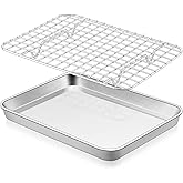 E-far Baking Sheet with Rack Set, 9.5” x 7.3” Stainless Steel Cookie Sheet Baking Pan for Toaster Oven, Mini Metal Tray with Cooling Wire Rack for Cooking Roasting, Non-toxic & Dishwasher Safe