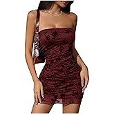 Milumia Women Sexy Floral Strapless Tube Top Dress Mesh Ruched Bodycon Party Club Date Night Mini Dress