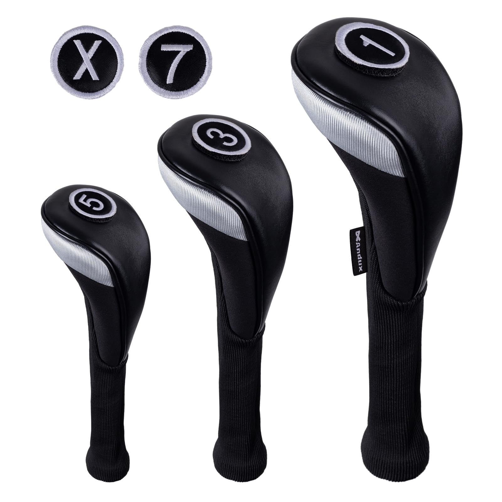 Andux 3pcs/Set PU Golf Wood Club Head Covers 460cc Driver with Long Neck Black