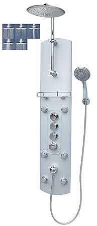Thermostat Duschpaneel Brausepaneel Duschsäule Duschsystem große Regendusche mit 5 Funktionen runde Regenwald Dusche mit 6 Massagedüsen aus Aluminium Handbrause Duscharmatur Wand-und-Eckmontage