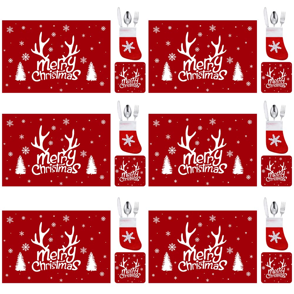 18 Pcs Christmas Placemats and Coasters-Reindeer Snowflake Design Heat-Resistant Table Mats Washable Christmas Holiday Kitchen Table Decoration