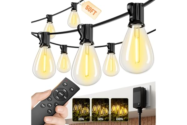 Sikitul Outdoor String Lights 50FT with 18+1 Shatterproof LED Bulbs, Remote Control Dimmable Patio Lights, Waterproof Hanging Edison Light for Backyard Garden Pergola, Timer & 3 Modes