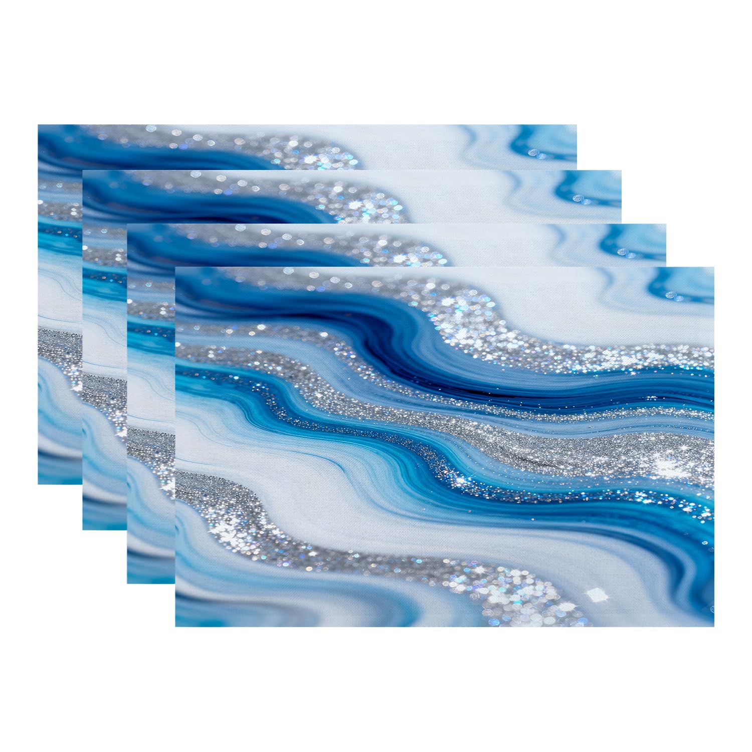 Batmerry Blue Silver Creative Abstract Marble Blue Green Placemats,Abstract Ocean Modern Contemporary Art Burlap Linen Washable Insulation Table Mats for Kitchen Table Placemats 11X17 Inch Set of 4