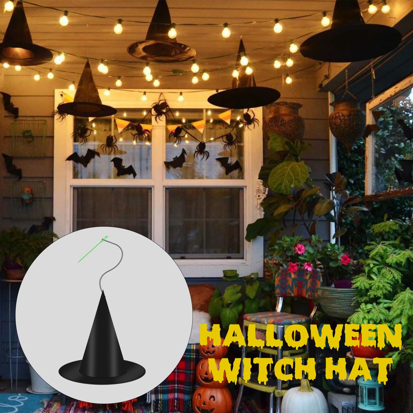 12 PCS Hanging Witch Hats Black/Pink, 16 PCS 3D Bats Stickers for Halloween Indoor Outdoor Decorations