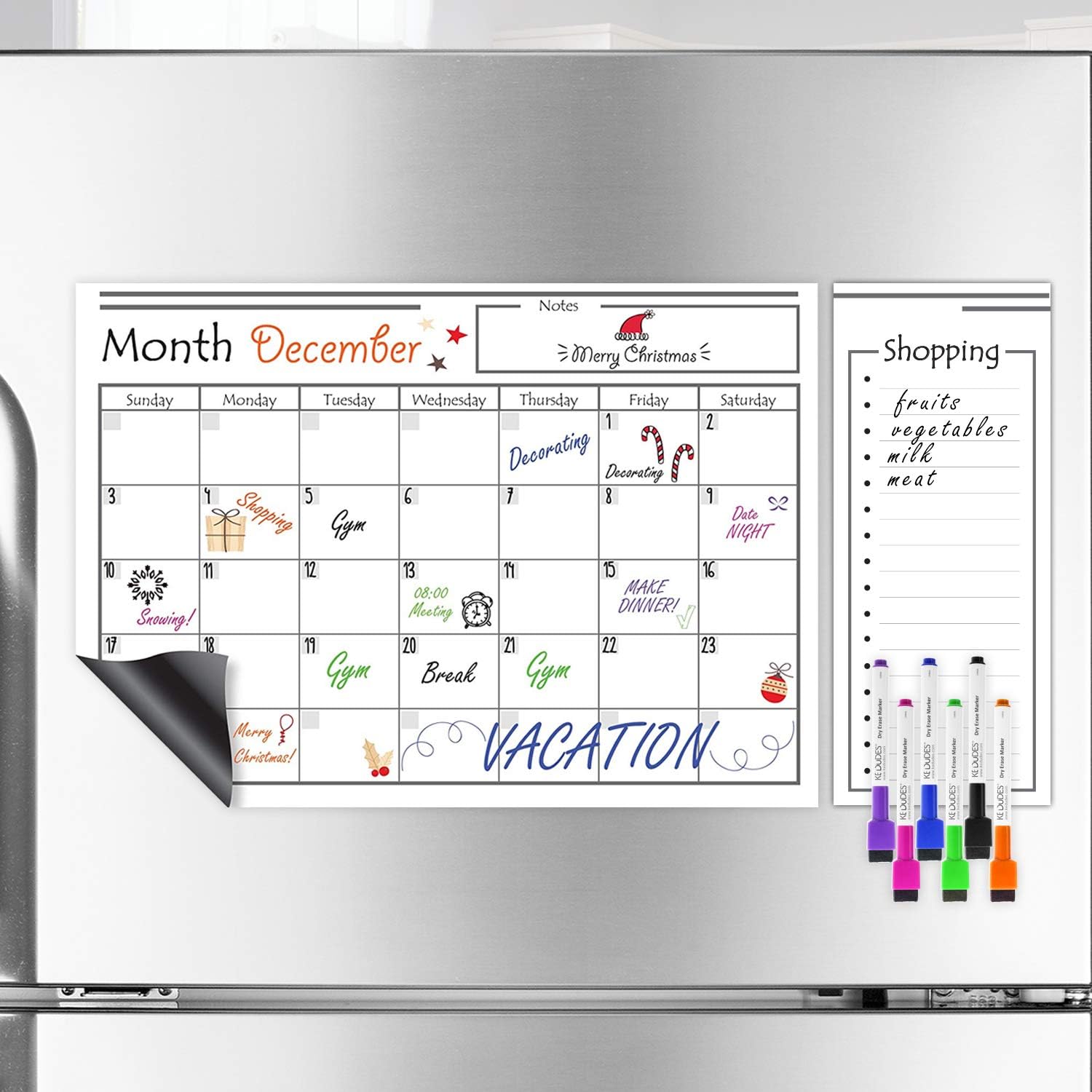 USA Made Magnetic Dry Erase Calendar for Refrigerator with 6 Markers & Magnetic Shopping List – Kitchen Fridge Calendar White Board, Schedule Planner Wall Set : Office Products