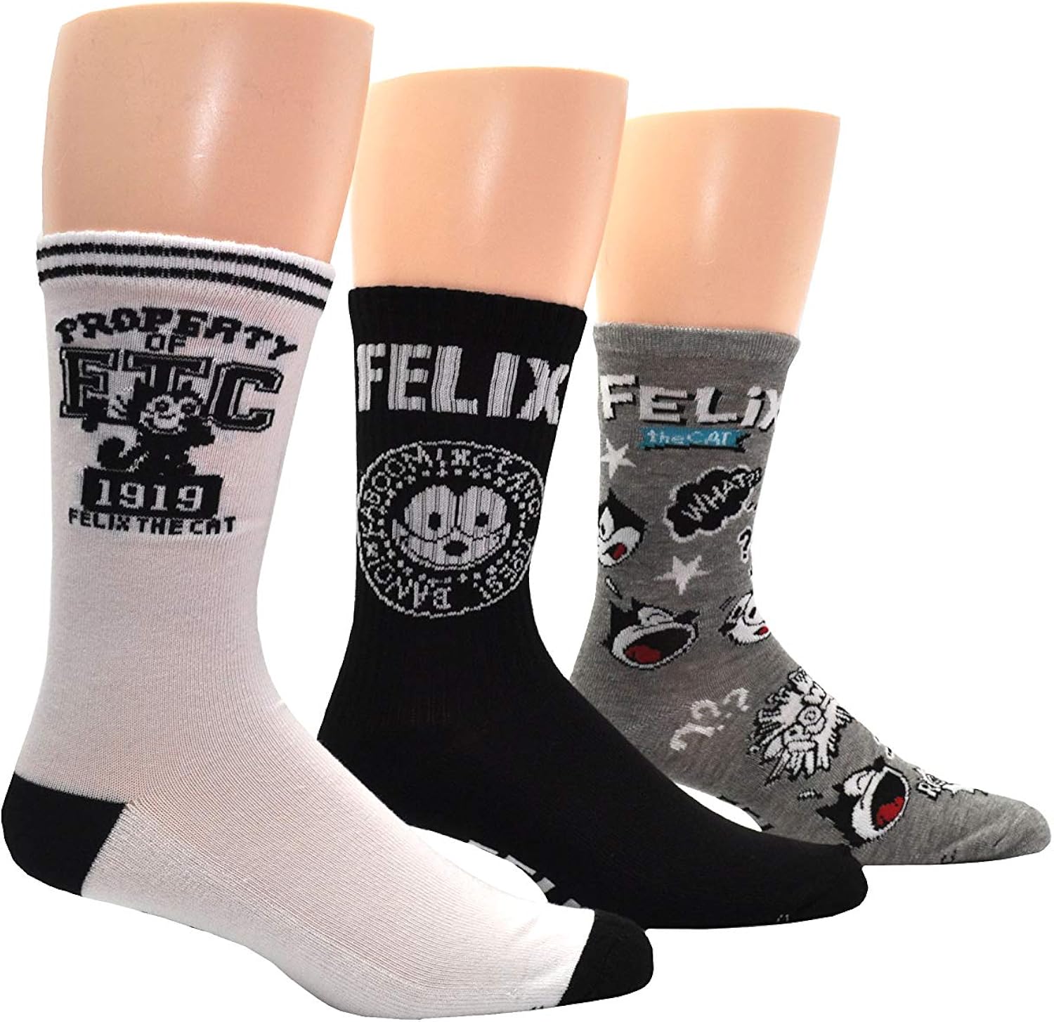 Felix the Cat Athletic Crew Socks (3 Pair) - Property of Felix, Sound Effects - One Size Fits Most