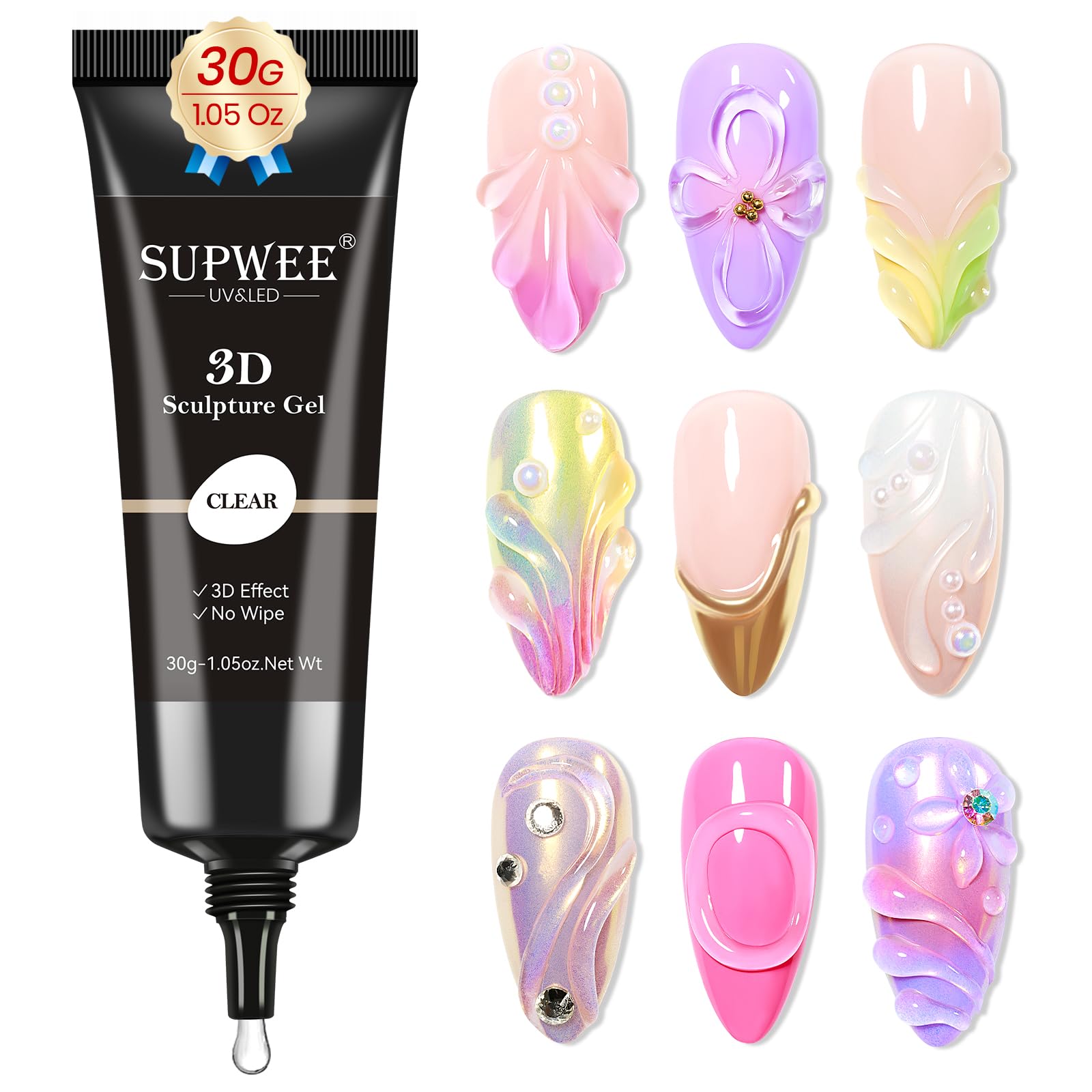 SUPWEE 3D Nail Gel Clear Sculpting Gel for Nail Art, 30g No Wipe Molding Gel for Nails Charms Rhinestone Nail Charm Carving Nail Art Designs for Rhinestone Decoration