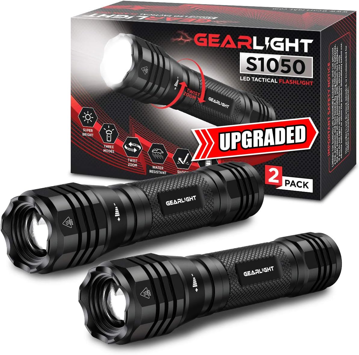 GearLight LED Flashlights S1050 [2 PACK] - Powerful High Lumens Zoomable Tactical Flashlight - Bright Small Flash Light for Camping Accessories, Emergency Gear - - 
